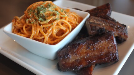 Delicious Plate of Barbecue Ribs and Spaghetti in Rich Marinara Sauce Topped with Herbs for a Satisfying Meal Experience
