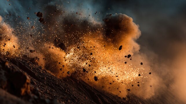 Mining industry blasting operation with controlled explosions on blurred background 