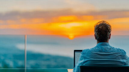 Obraz premium Sunset trader laptop remote work freelancer sea horizon reflection balcony focus Business trader work laptop sunset balcony focus strategy and calm sea horizon reflection create peaceful remote