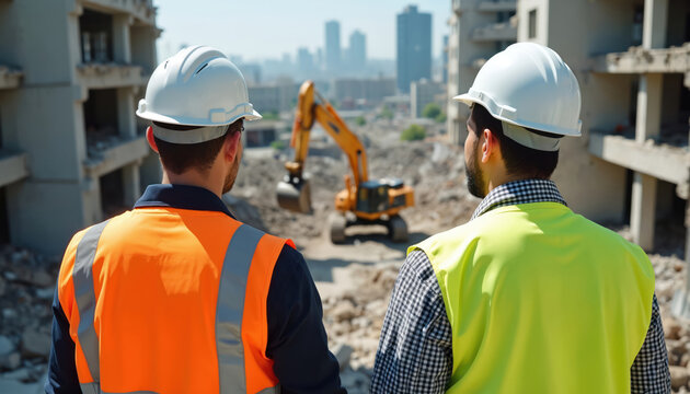 Two construction workers wearing hard hats and safety vests observe a yellow excavator. They stand amid building ruins with a cityscape in the background, overseeing demolition work and site progress.