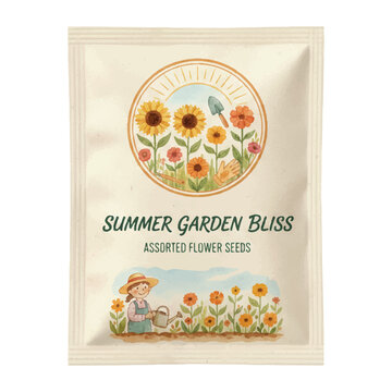 Watercolor Seed Packet with Floral Illustration, Summer Gardening Hobby Concept, Hand Painted Style, Isolated on White Background
