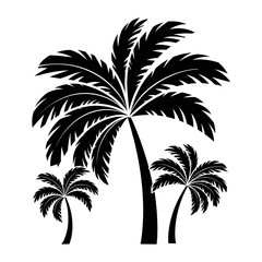 Fototapeta premium Silhouette of three palm trees in black and white against a white background.