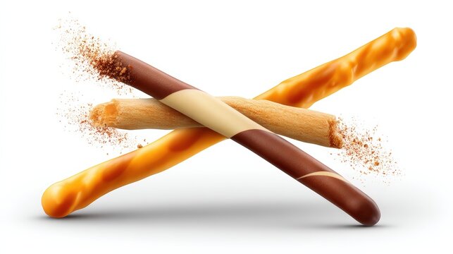 Pocky Stick Explosion concept, dynamic burst with flying chocolate-coated biscuit sticks and crumbs frozen in midair, isolated on a white background, cinematic high-speed food photography, dramatic