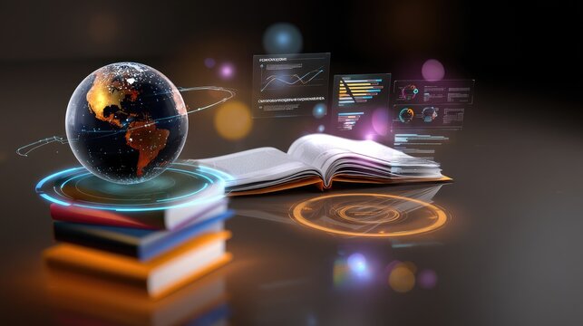 Open Book with Floating Globe and Data Visualizations Representing Global Learning and Knowledge Sharing