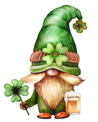 st patricks day,green gnomes watercolor and beer isolated on white background