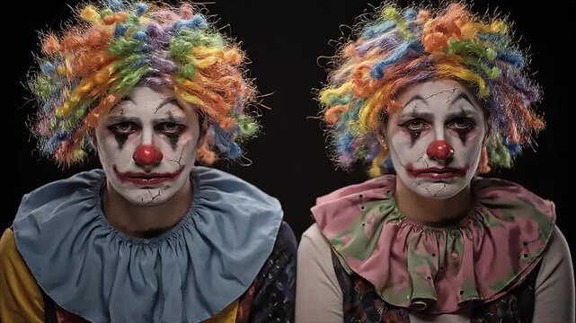 Two sad mime with colorful wigs and makeup, looking directly at the camera, evoking a sense of melancholy and mime