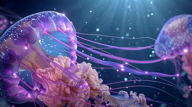 Glowing purple jellyfish drift through deep blue water.