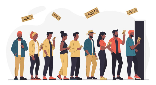Diverse Crowd Waiting Patiently In Line For Tickets Event Entry Illustration