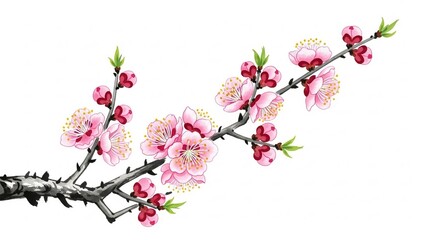 Beautiful pink cherry blossoms on branch with green leaves