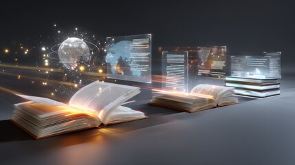 Obraz premium Modern digital books with holographic displays and global connection elements illustrating the future of reading and learning technology