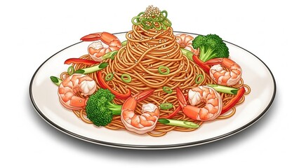 Delicious shrimp noodle dish with vegetables on white plate