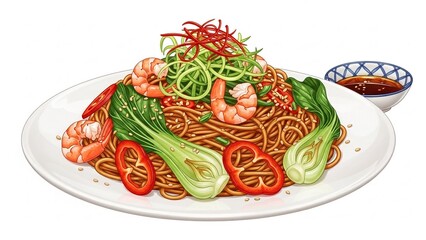 Delicious shrimp noodles with vegetables and sauce on white plate