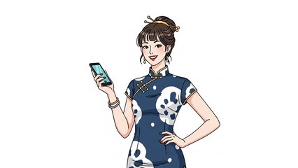 Elegant Asian woman in traditional cheongsam dress using smartphone confidently