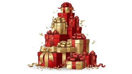 Vibrant red and gold presents stacked high with elegant ribbons and bows