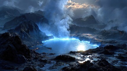 Obraz premium A glowing blue lava lake sits at the center of jagged black mountains, casting reflections on the surrounding rocky terrain