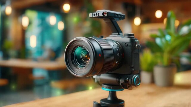 Professional camera setup on a wooden table in a modern indoor space