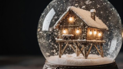 Charming Winter Cabin in a Snow Globe - A Festive Scene.