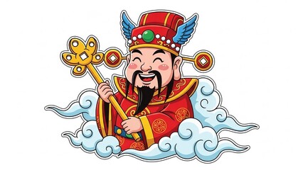 Smiling Chinese deity holding golden staff on clouds