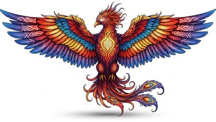 Vibrant phoenix bird with colorful feathers and Celtic knot designs
