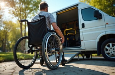 Man in wheelchair approaches ramp on van. Person uses accessible transport for mobility. Outdoor travel assistance, healthcare service, daily life.