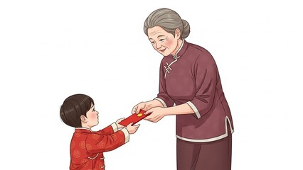 Elderly woman receiving red envelope from young boy during Lunar New Year