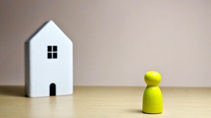 A yellow wooden game figure stands on a light surface, facing a single white toy house. This minimalist composition represents the relationship between an individual and the concept of home. © FaizAhmad