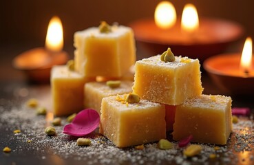 Barfi sweets stacked with pistachios and rose petals. Lit diyas create warm glow, festive Indian atmosphere. Sweet dessert with nuts is dusted with sugar powder.