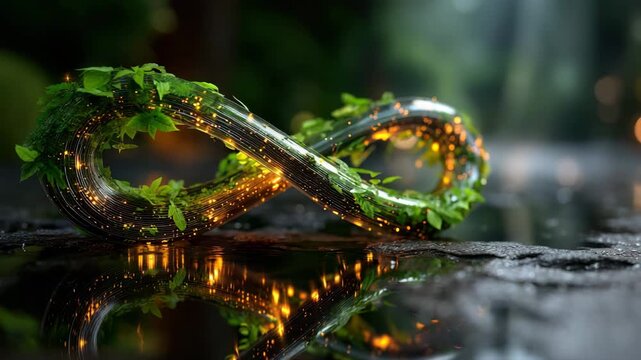 Sustainable infinity symbol with green leaves and glowing lights on wet surface