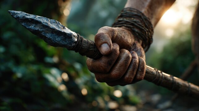Primitive Hunting Scene with Stone Tipped Spear and Soft Sunlight
