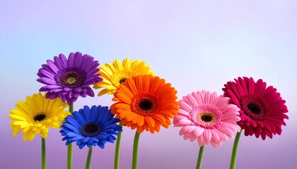 Vibrant gerbera daisies in a rainbow of colors displayed against a soft gradient background, perfect for cheerful and uplifting designs