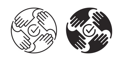 Obraz premium Hands collaboration icon. Representing teamwork, support, unity, and a shared goal in outline and solid icons.