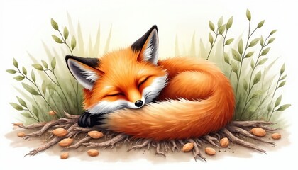 Naklejka premium Small fox sleeps curled in nest of twigs and nuts. Gentle watercolor painting shows orange fur, green leaves, white background. Cute wild animal rests peacefully.