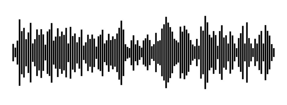 Black sound wave visualization on white background. Audio waveform for music players, podcast apps, and voice technology interfaces.