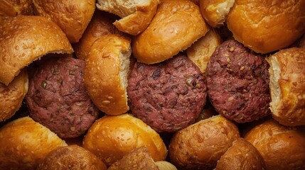 Fototapeta premium Delicious Burger Patties and Freshly Baked Buns - Top View