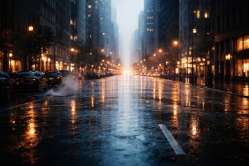 Naklejka premium Rainy city street at night with glowing lights reflecting on wet asphalt