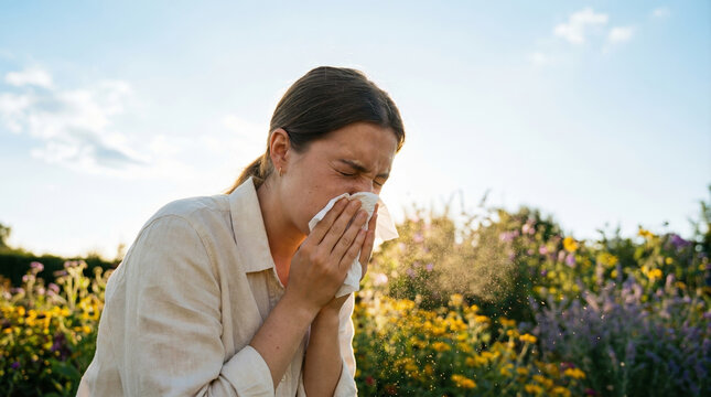 Pollen allergy sneeze nose outdoors woman