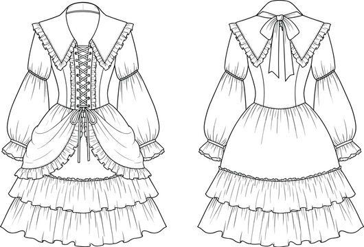 Victorian vintage dress technical fashion illustration showing front and back view with ruffles corset details line art design