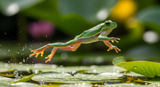 High speed photo of a green tree frog jumping across lily pads in a pond