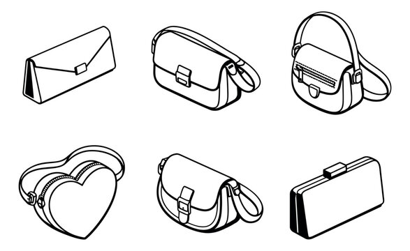 Line art handbag set featuring various clutch, shoulder, and cross body bags for women's fashion