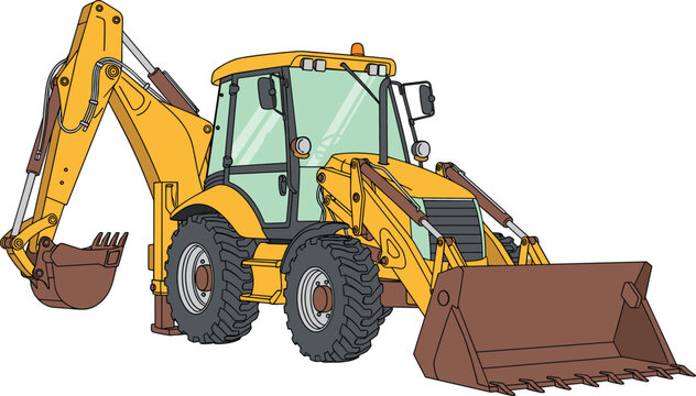 Yellow backhoe loader construction machine with front bucket and rear excavator arm, detailed vector illustration isolated on white background industrial equipment