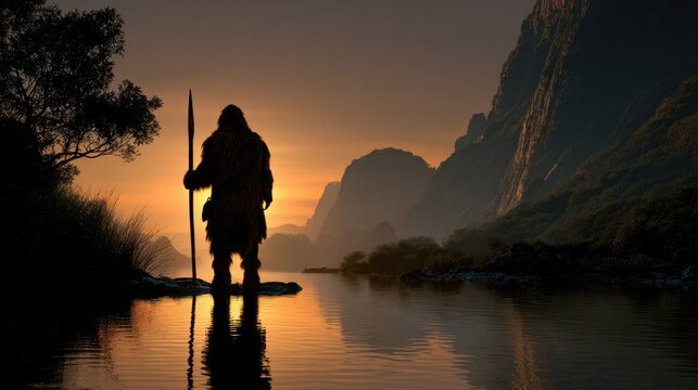 A caveman stands at the edge of a river holding a wooden spear, silhouetted against a warm sunrise