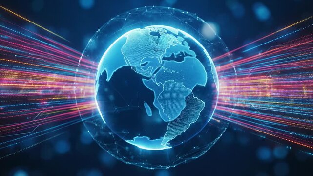 Digital globe with data streams and network connections representing global technology and communication