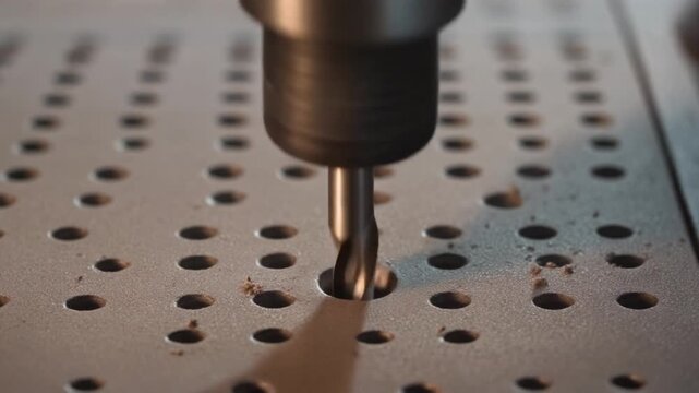 A drill bit cuts a new hole into a metal plate with many existing holes