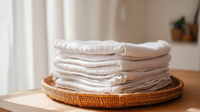 Neatly folded stack of clean white linen napkins in a woven basket