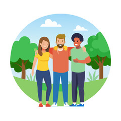 A diverse group of friends stands in a park with their arms around each other, showcasing unity, friendship, and togetherness against a backdrop of lush green trees and a clear ... See More © Fizza