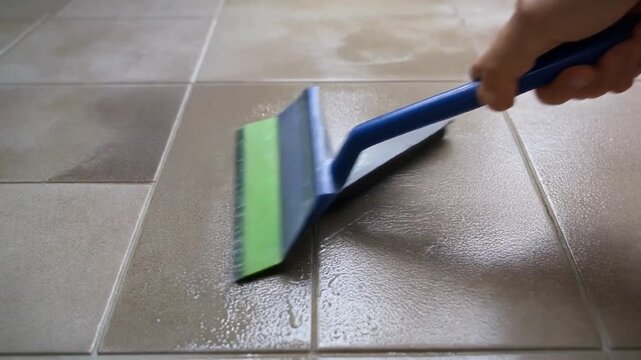 A hand cleans wet brown floor tiles with a blue squeegee