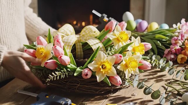 Hands crafting a floral arrangement with tulips, daffodils, and greenery using a hot glue gun
