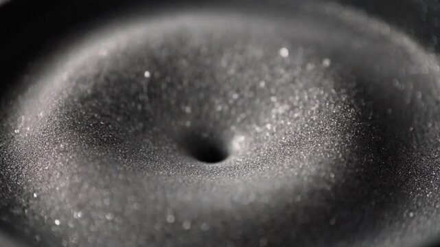 Sound waves forming ripples on a vibrating speaker surface covered in shimmering particles