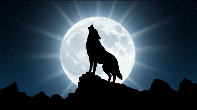 Silhouette of wolf howling at full moon night sky illustration