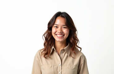 Fototapeta premium Young happy woman with brown hair smiles brightly in studio. Casual outfit, neutral background. Authentic, positive expression conveys warmth, approachable personality. Good for many uses.